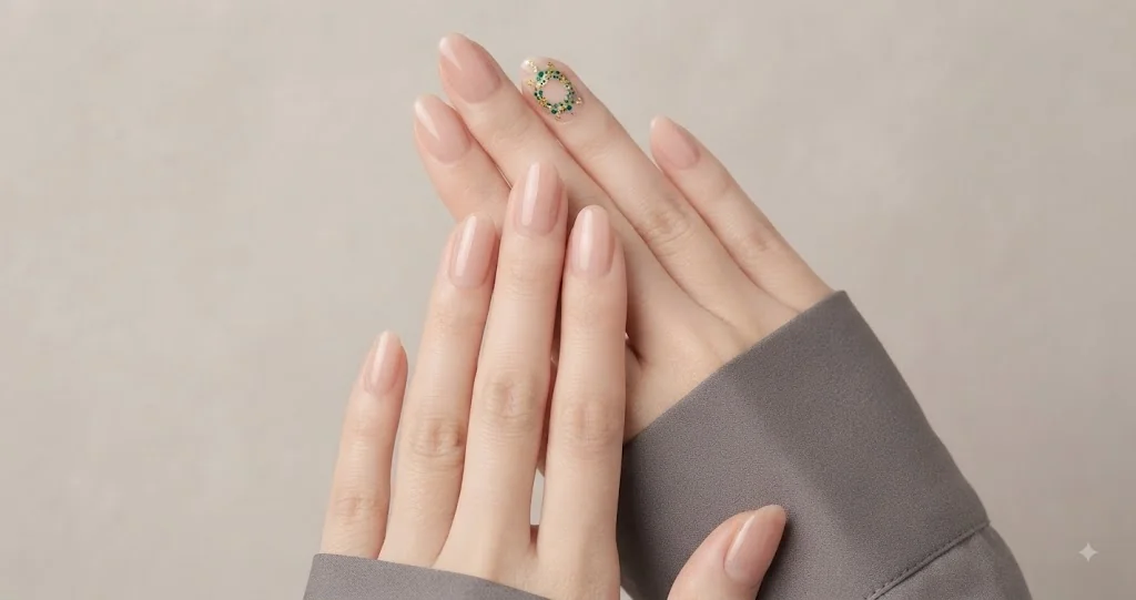 Christmas wreath nail art hero image showing a hand-painted green and gold wreath design