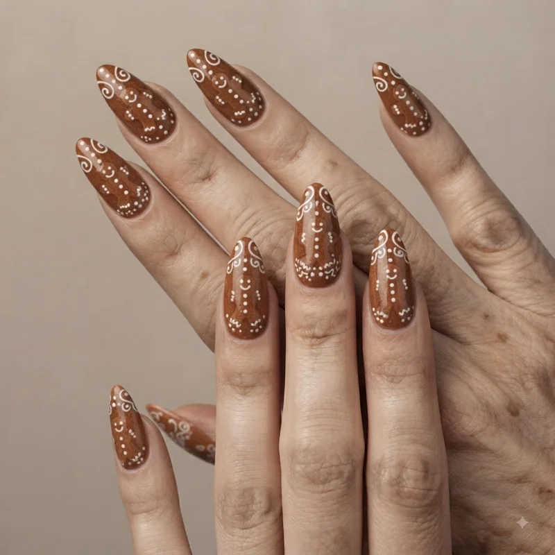 Gingerbread man nail art tutorial result showing a beginner-friendly brown and white manicure design