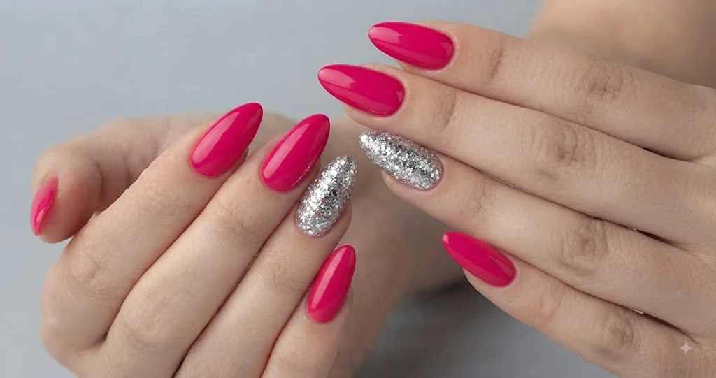 Bold pink christmas nails in hot pink glitter, a festive holiday manicure idea for 2026
