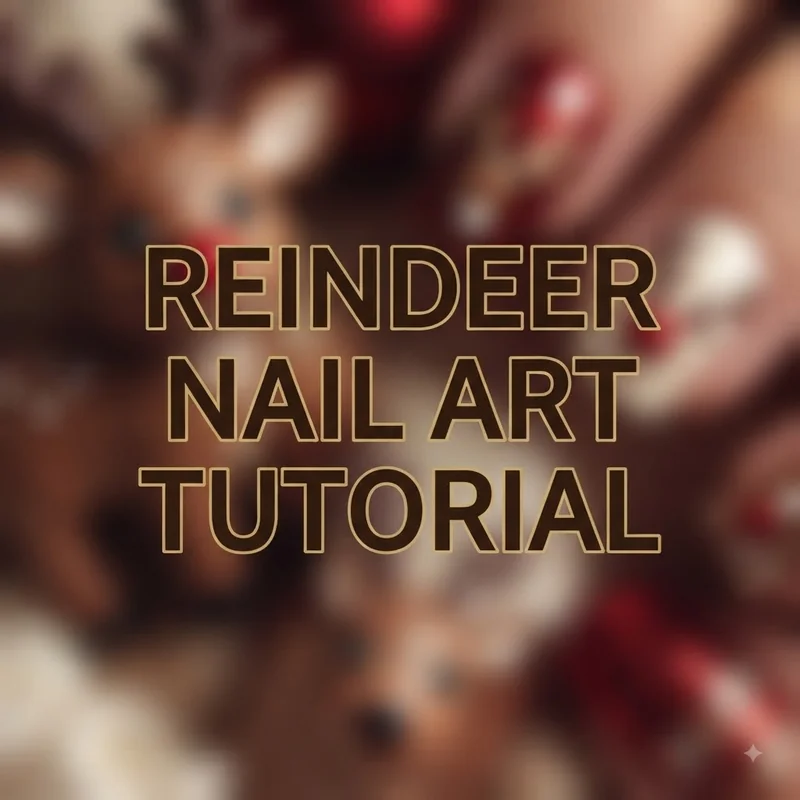 Reindeer nail art tutorial finished manicure with brown antler design and red nose on natural nails