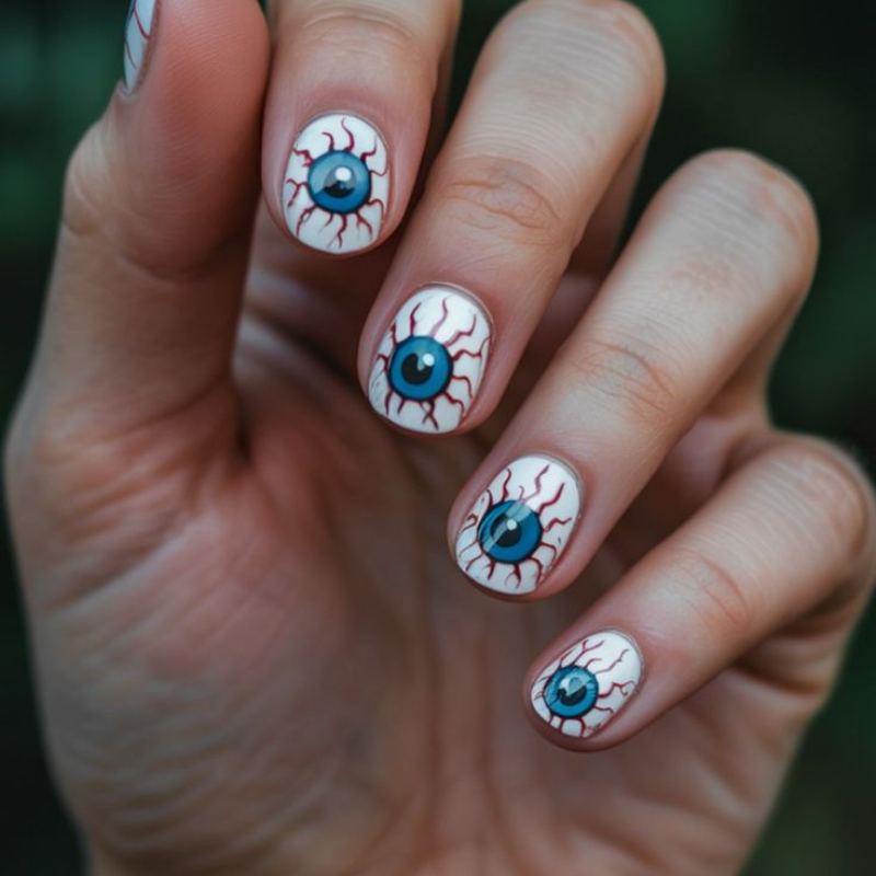 Creepy eyeball nail art on white halloween nails