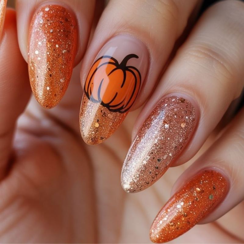 Orange glitter pumpkin feature nail for halloween