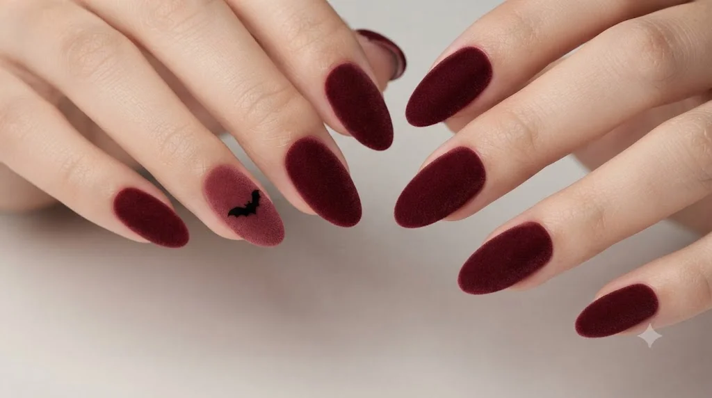 Halloween nails 2026 oxblood velvet almond set with one tiny bat accent, the spooky-chic manicure to screenshot for your tech