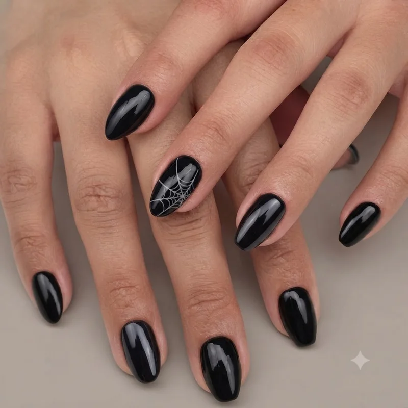 Chrome futuristic mirror black negative space web halloween nail design finish