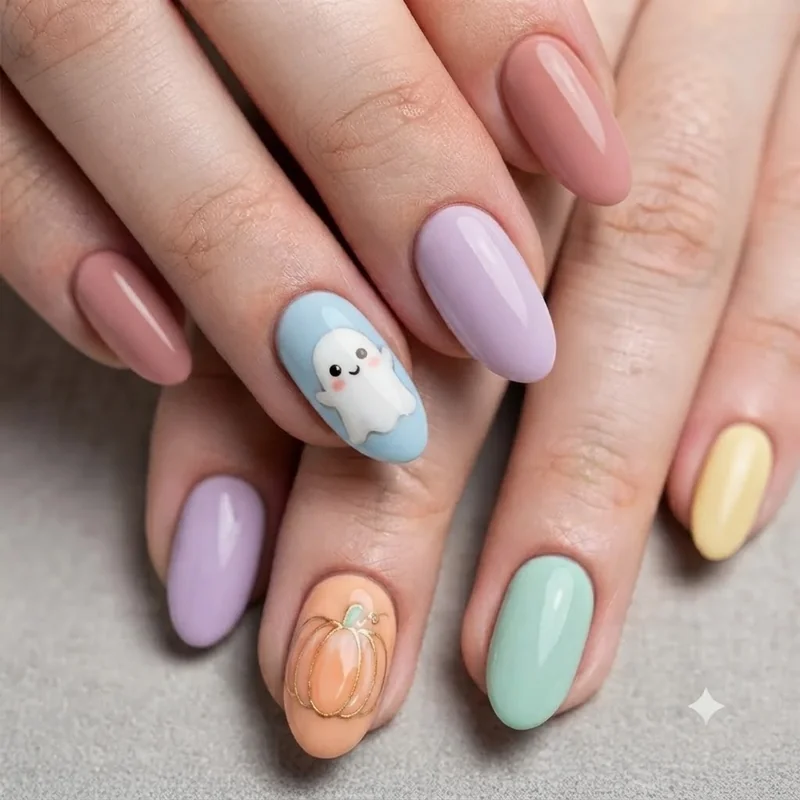 Cute modern pastel ghost and glazed pumpkin halloween nail design soft palette