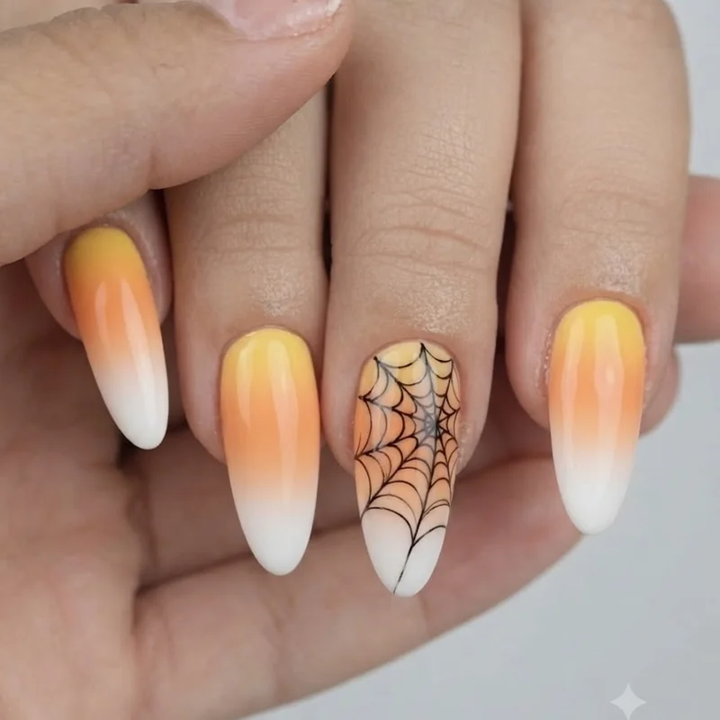 DIY halloween nail art candy corn ombre cobweb accent nail closeup detail shot