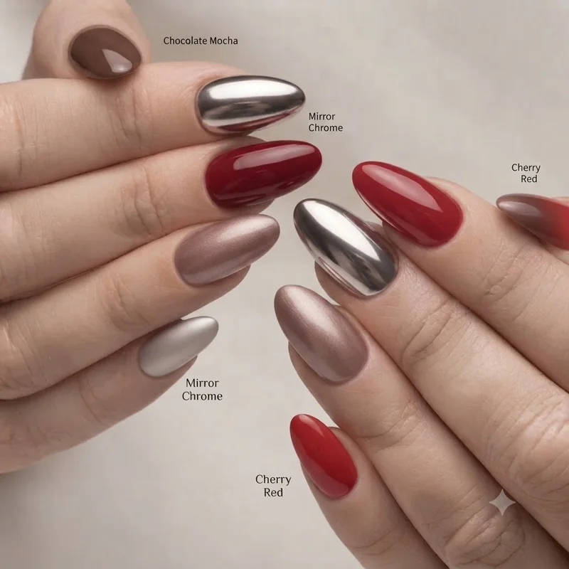 Halloween nail color palette swatch flatlay chocolate mocha chrome cherry red