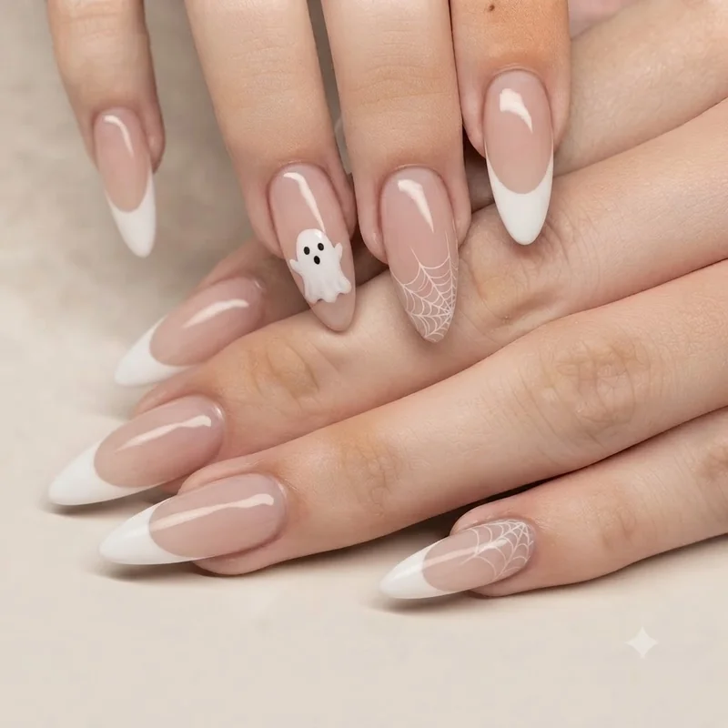 Spooky classic ghost and spiderweb halloween nail art on french manicure base 2026