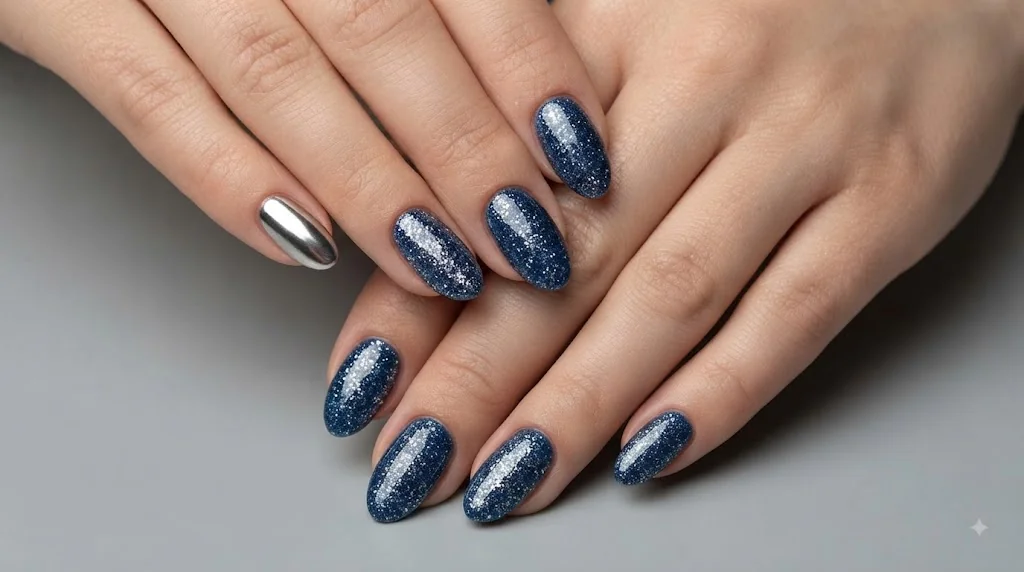 Blue and silver Hanukkah nails in a glossy glitter manicure with metallic accent nail