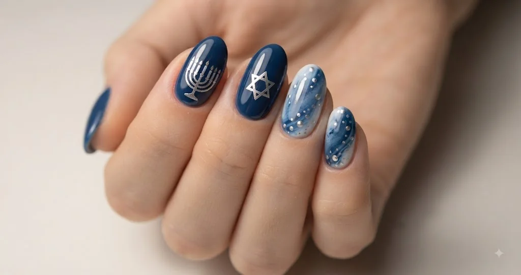 Hanukkah nails in blue, white, and silver with menorah and Star of David accents