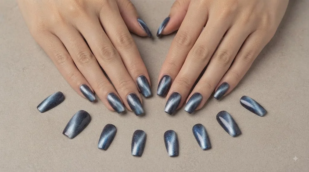 Hanukkah press on nails in blue, white, and silver cat eye finishes laid out for the 8 nights