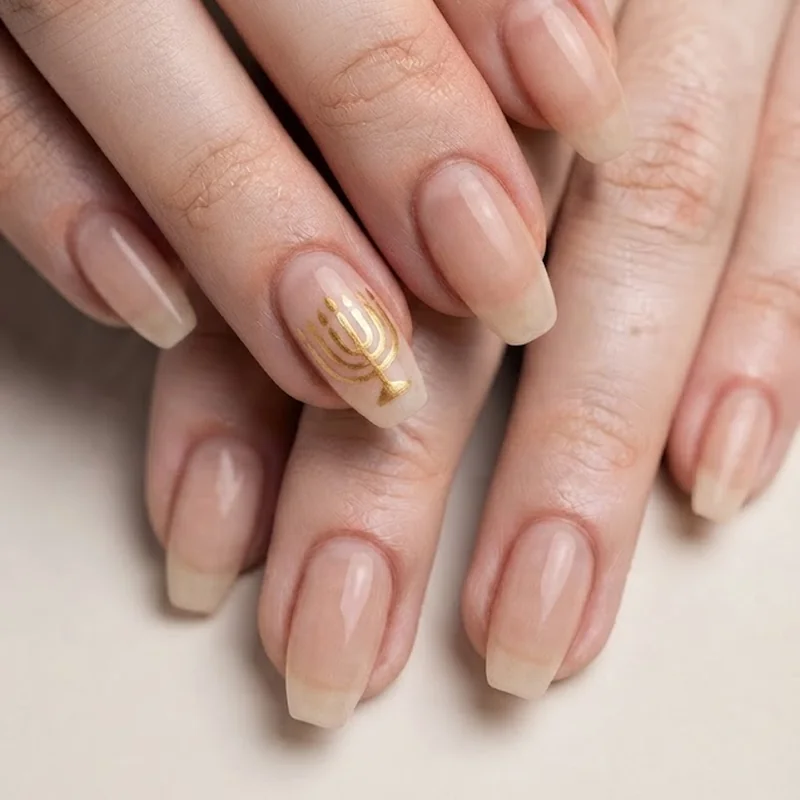 How to do Hanukkah nail art at home shown through a finished hand-painted menorah design