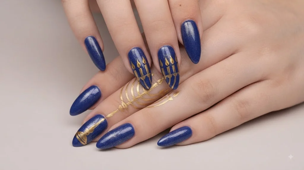 Menorah nails in blue and gold on a full manicure set with hand-painted nine-branch design
