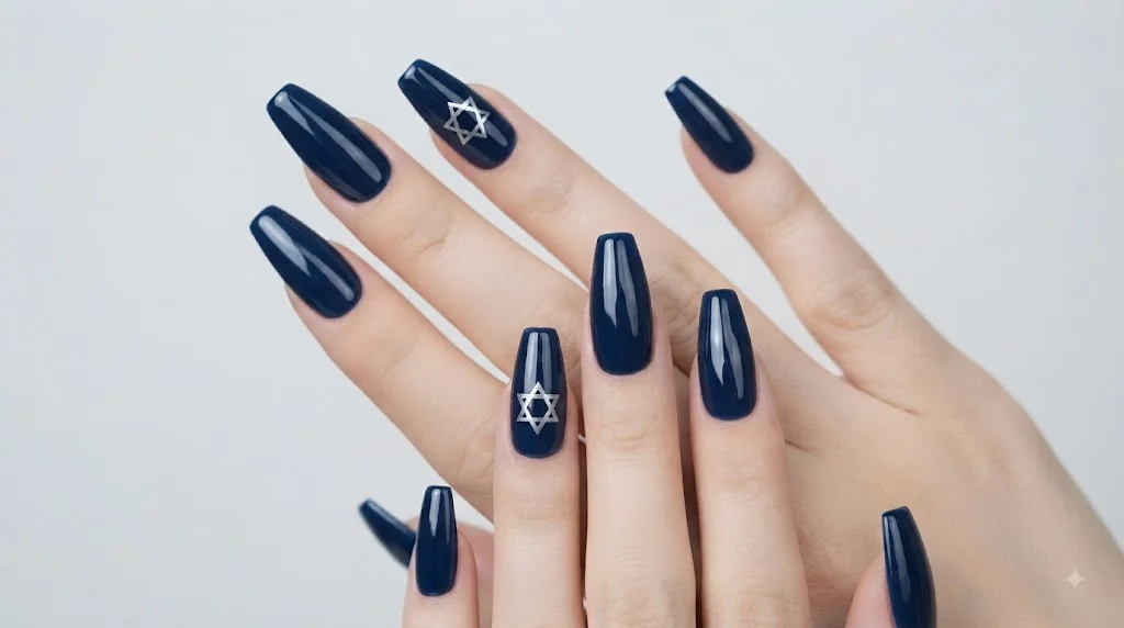 Star of david nail design in navy blue with a crisp silver hexagram accent on a glossy coffin-shaped nail