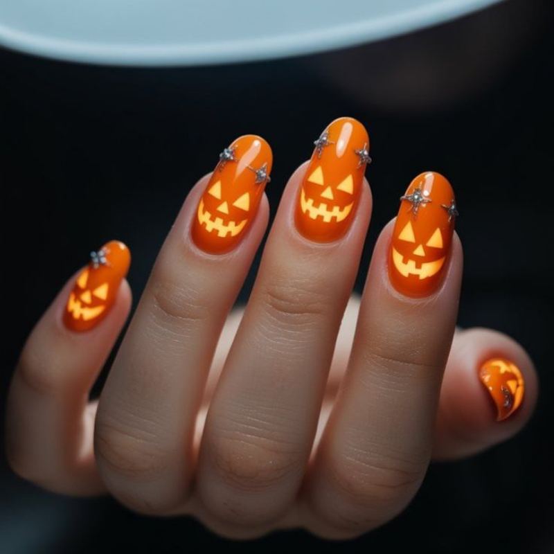 Orange pumpkin jack-o-lantern faces on halloween nails