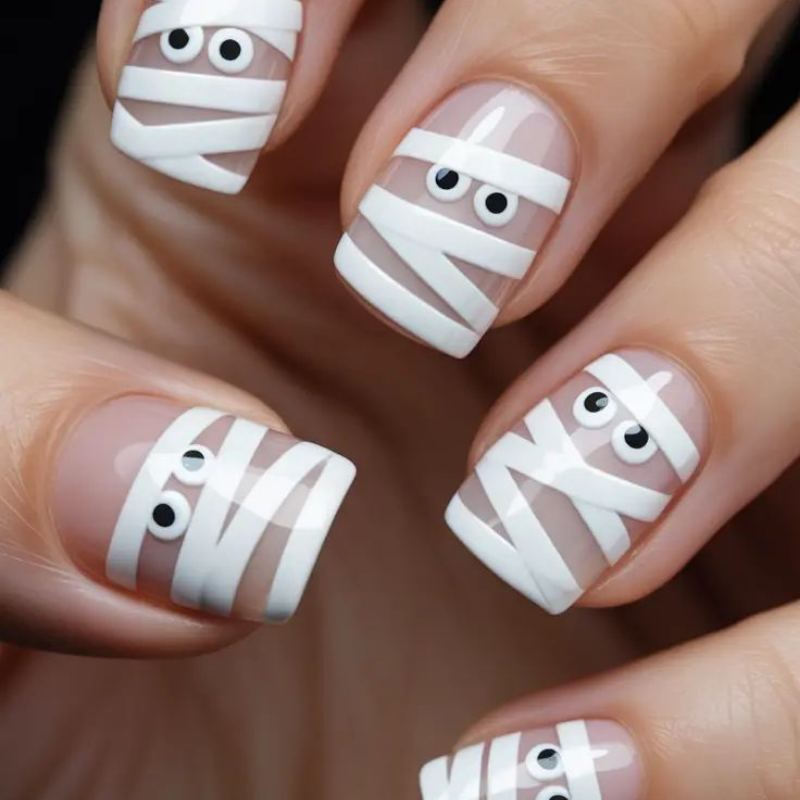 White mummy bandage wraps on nude halloween nails