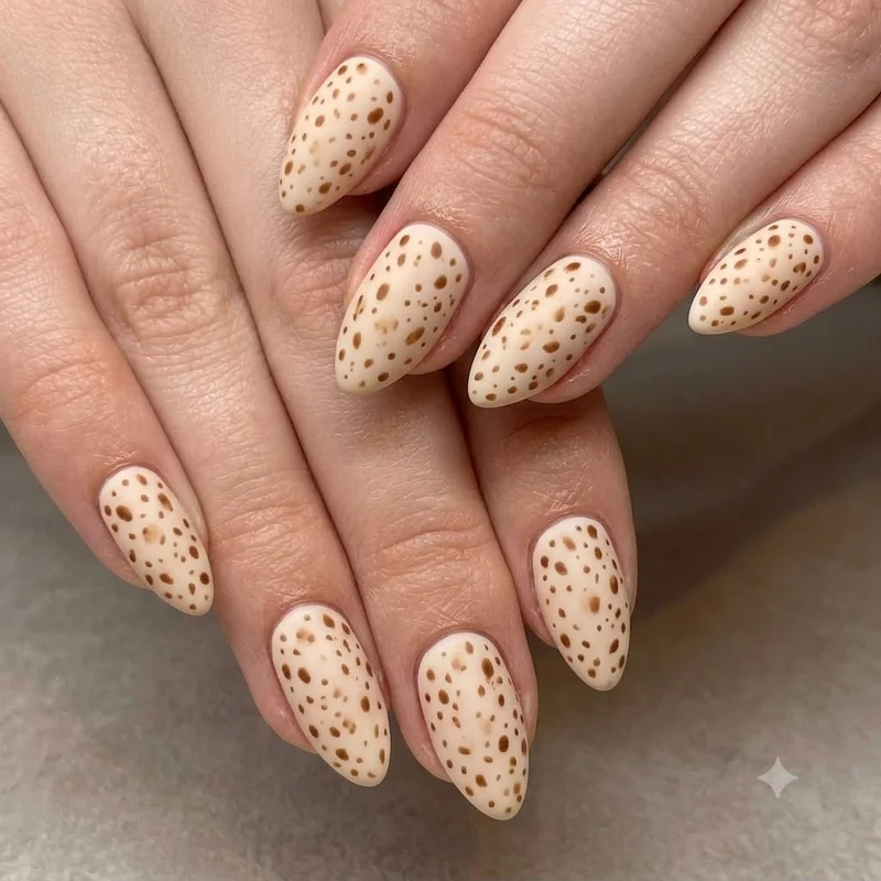 Soft fawn freckled nail design with oat milk base and caramel detailing
