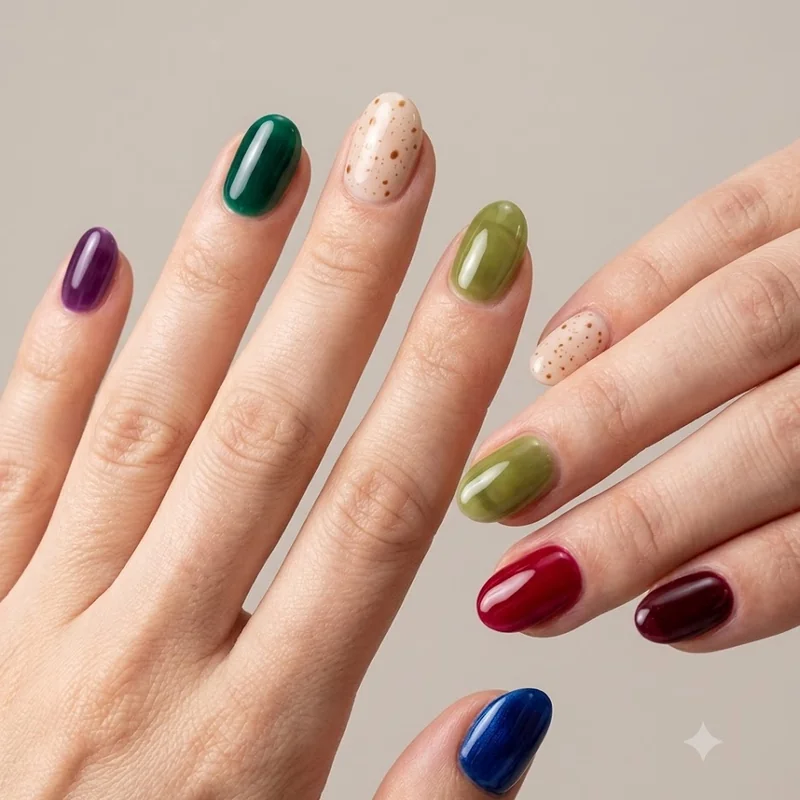 2027 nail trend forecast collage showing pickle green fawn and jewel tone manicures