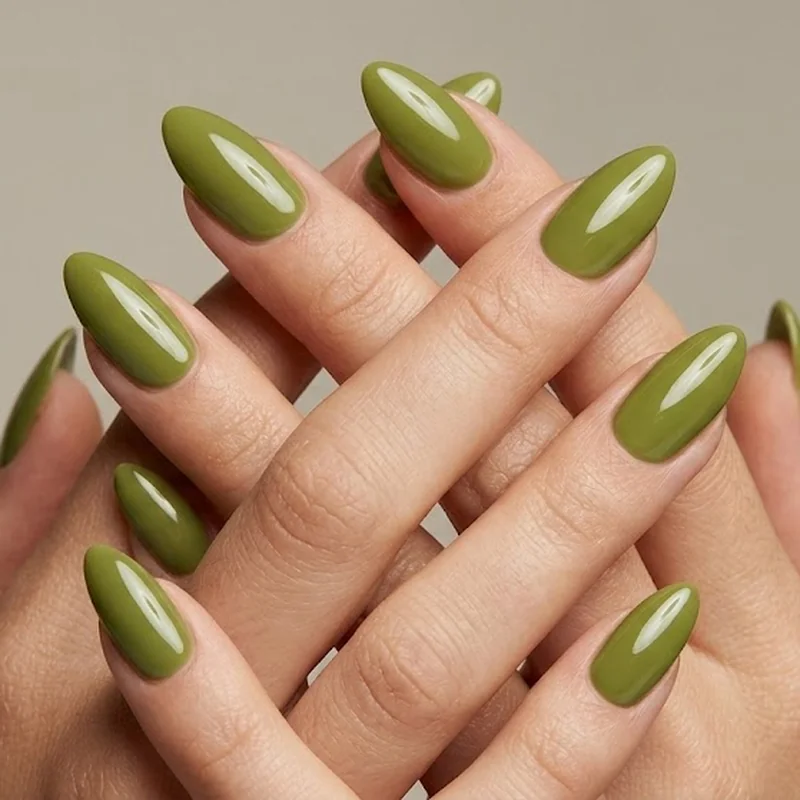 Glassy dill pickle green almond nail manicure with high shine finish