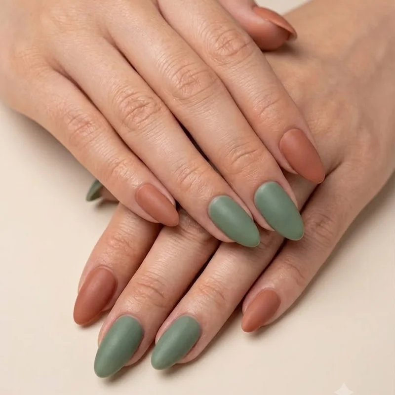 Muted moss and terracotta slow beauty snail nail manicure with satin finish