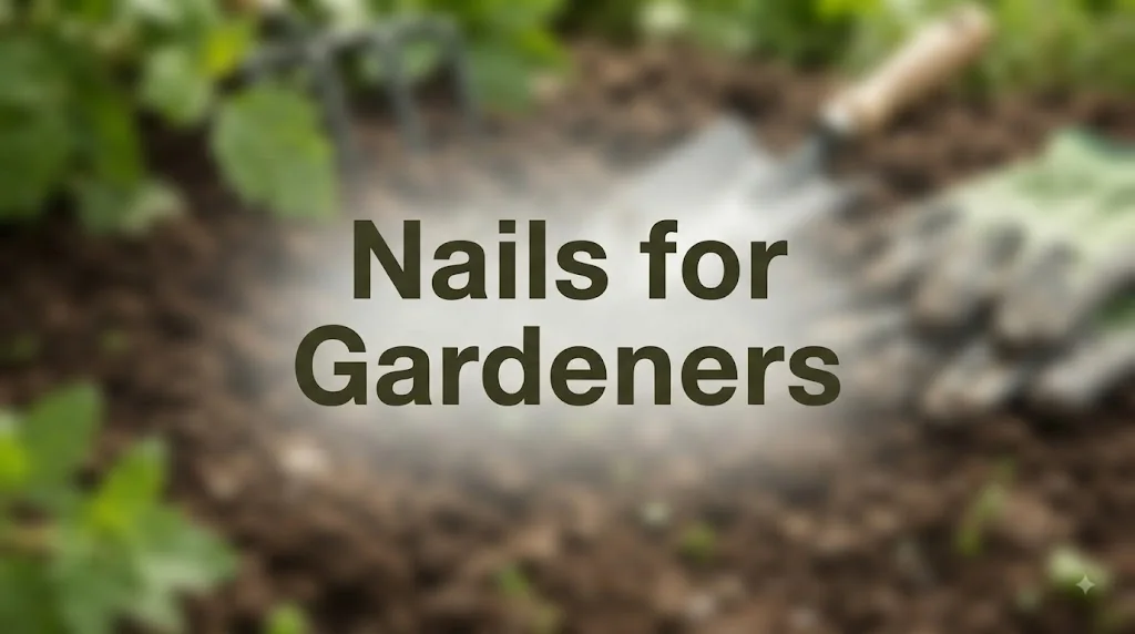 Nails for gardeners shown on a neat squoval manicure resting near garden soil and greenery