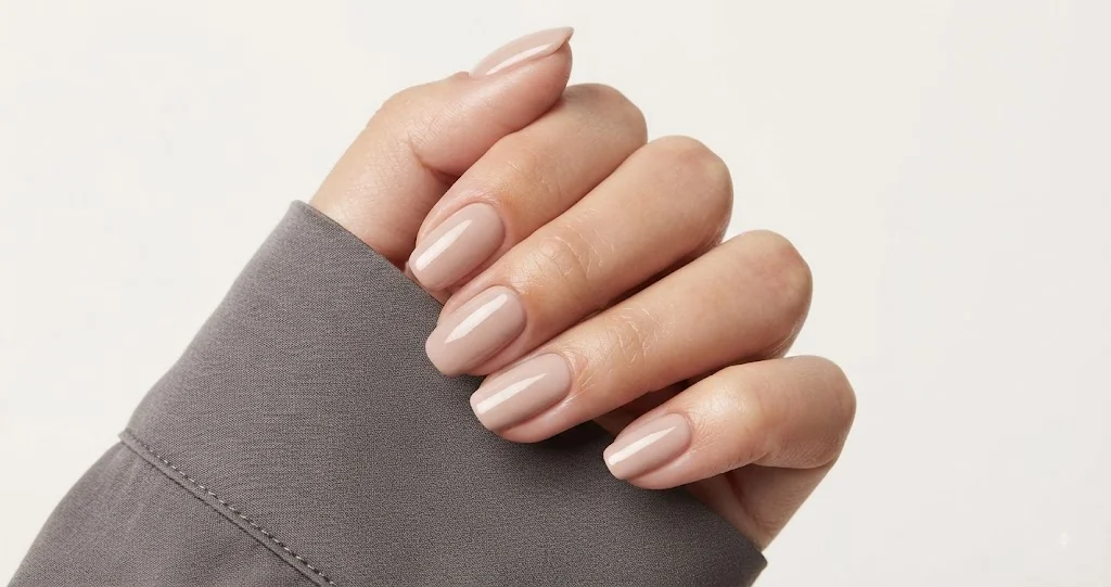 Gym nails styled in a round squoval shape with durable neutral pink gel manicure finish built to survive lifting sessions