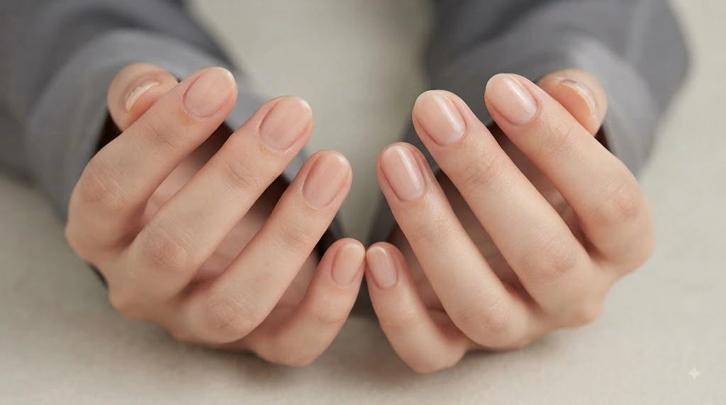 Non-toxic nails for moms in a soft nude short manicure, safe rounded shape for holding a newborn