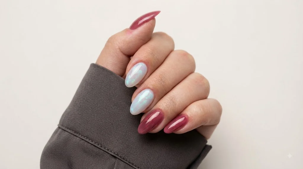 October birthstone nails flatlay showing opal iridescent manicure beside pink tourmaline set