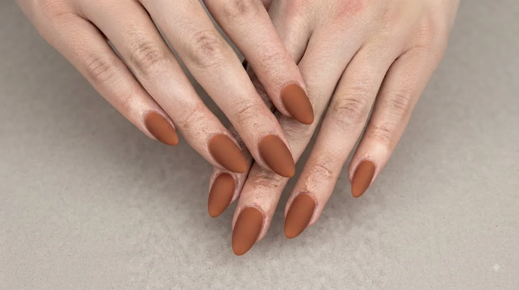 Short october nails in almond shape with warm cinnamon brown polish and matte finish