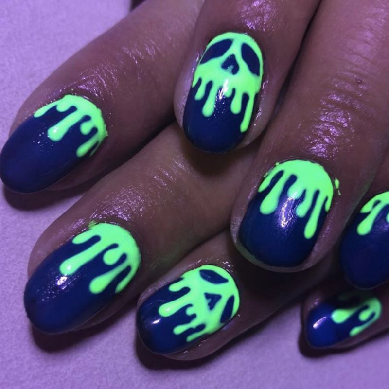 Green and grey zombie nail art with texture effects