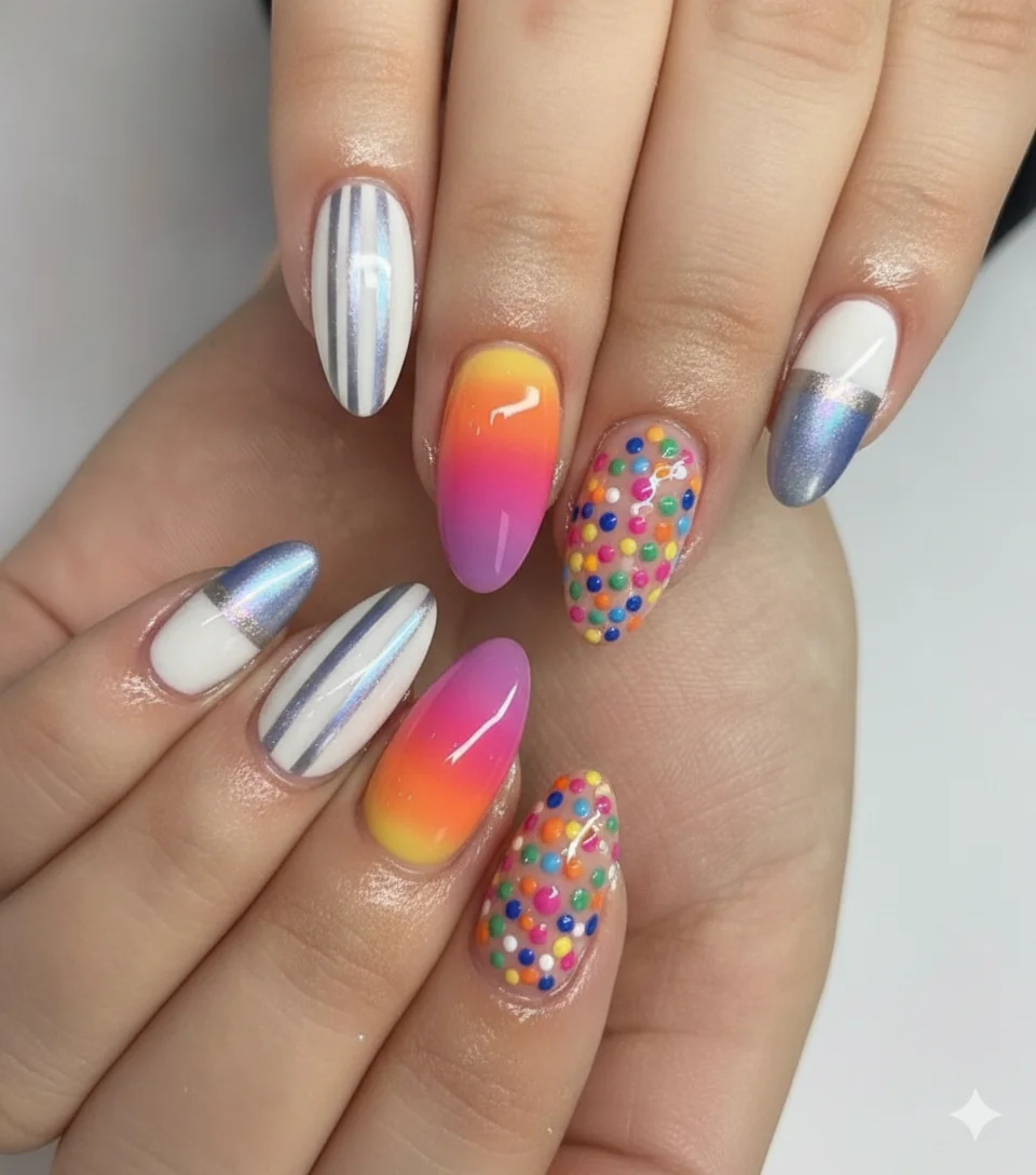 DIY nail art using household items including tape sponge toothpick creating salon quality designs