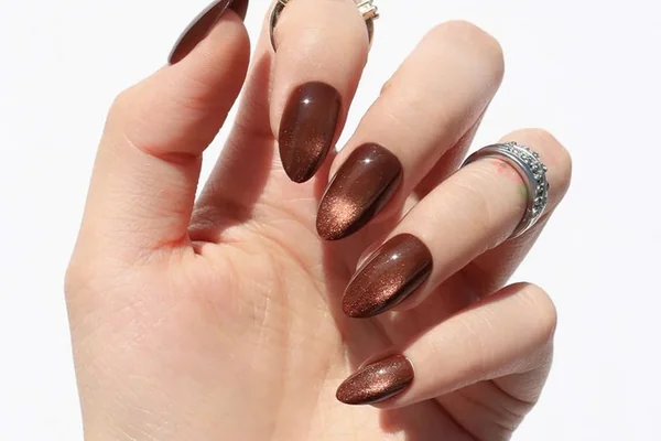 Fall 2025 mocha brown matte nails in almond shape with velvet finish elegant earth tone autumn manicure