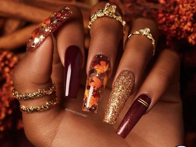 Fall 2025 Thanksgiving nails in burgundy with gold foil accent elegant dinner ready festive autumn manicure