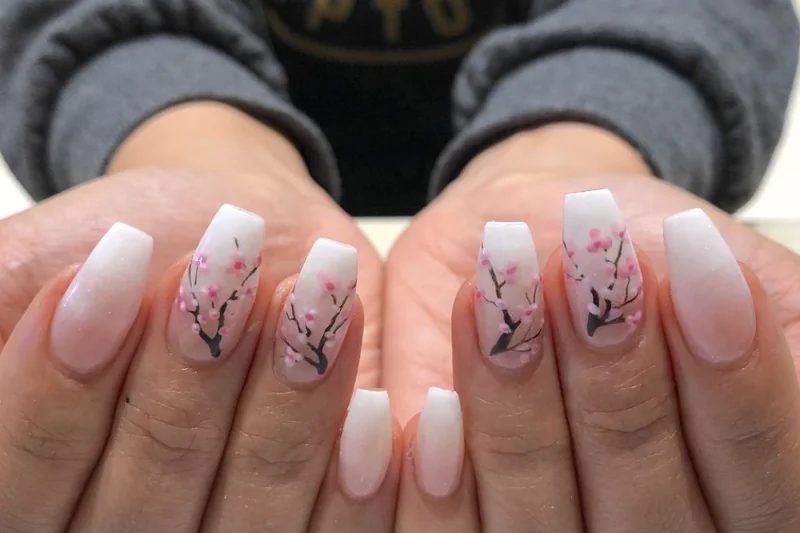 Spring 2025 minimalist cherry blossom art with negative space design soft pink white petals elegant floral