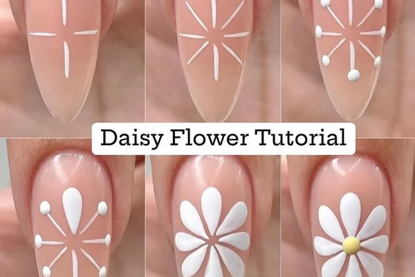 Spring 2025 simple daisy nail art tutorial using dotting tool with white petals yellow center easy design