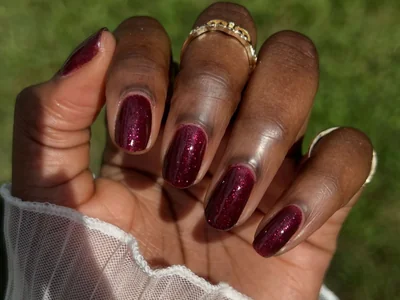 Winter 2025 deep cherry red nails with high gloss finish short square shape elegant professional manicure